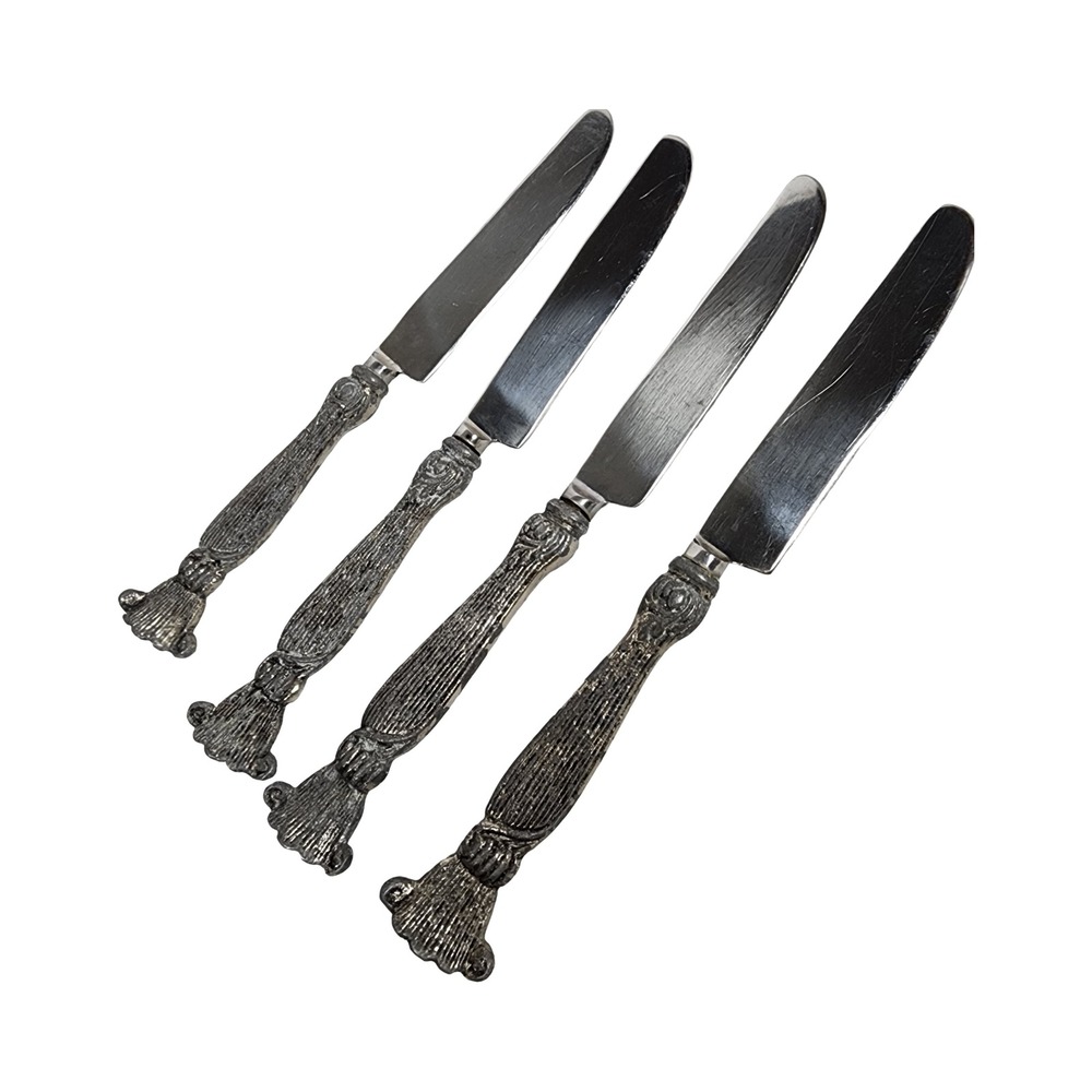 Vintage Style Ornate Shell‎ Handle Dinner Knives Set of 4 Silver Pewter Tone